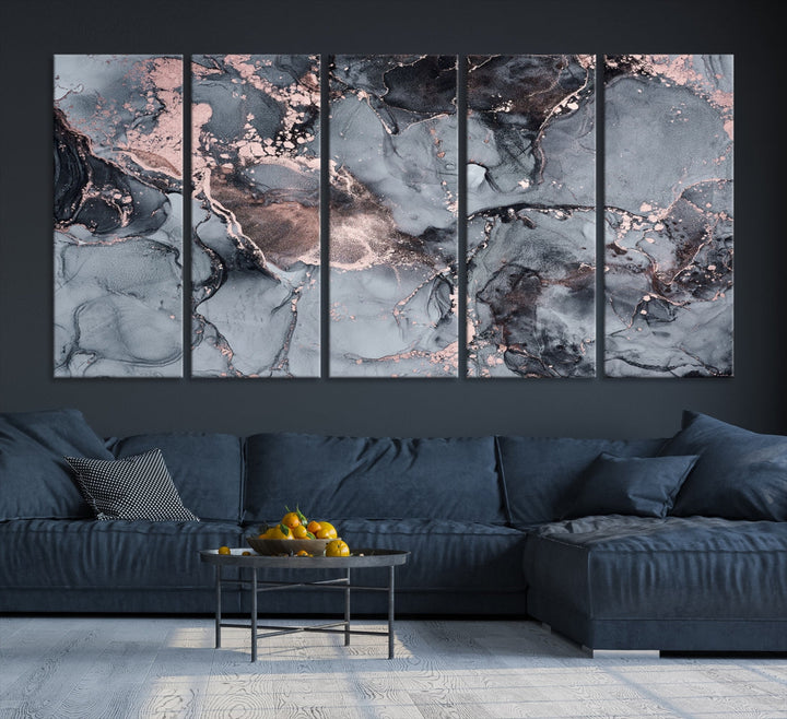 Gray and Rose Gold Marble Abstract Painting on Giclee Canvas Wall Art Print