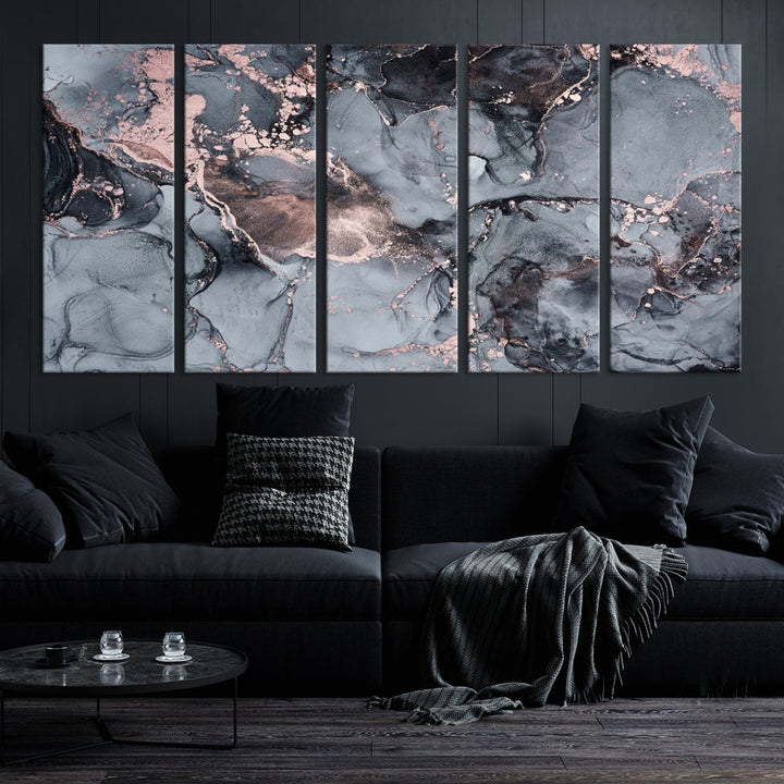 Gray and Rose Gold Marble Abstract Painting on Giclee Canvas Wall Art Print