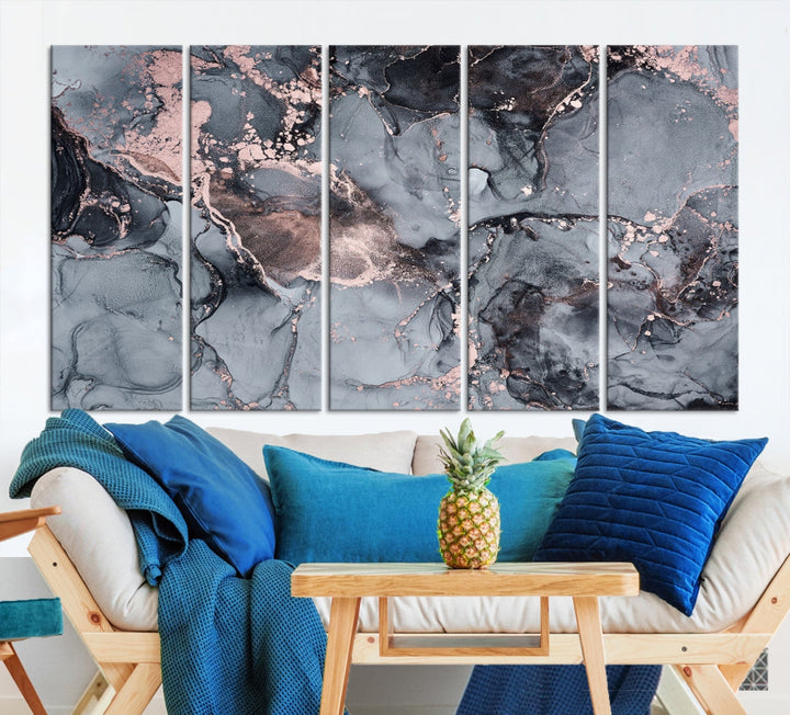 Gray and Rose Gold Marble Abstract Painting on Giclee Canvas Wall Art Print