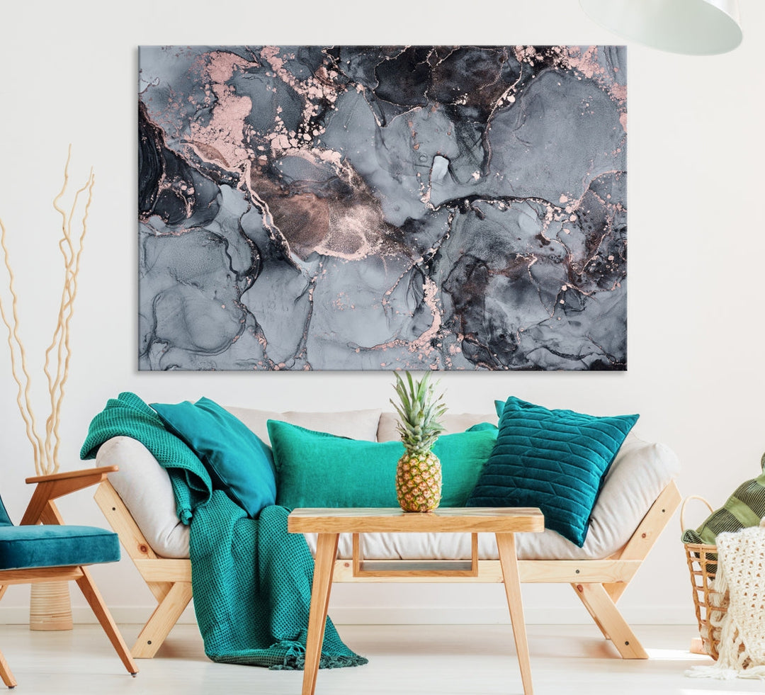 Gray and Rose Gold Marble Abstract Painting on Giclee Canvas Wall Art Print