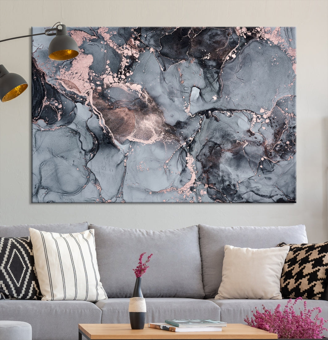 Gray and Rose Gold Marble Abstract Painting on Giclee Canvas Wall Art Print