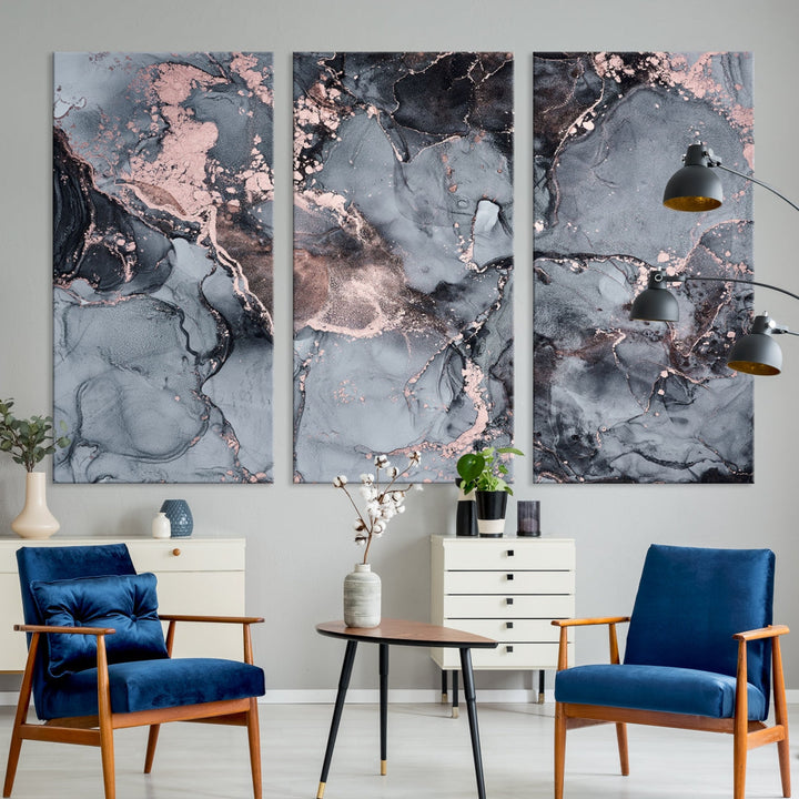 Gray and Rose Gold Marble Abstract Painting on Giclee Canvas Wall Art Print