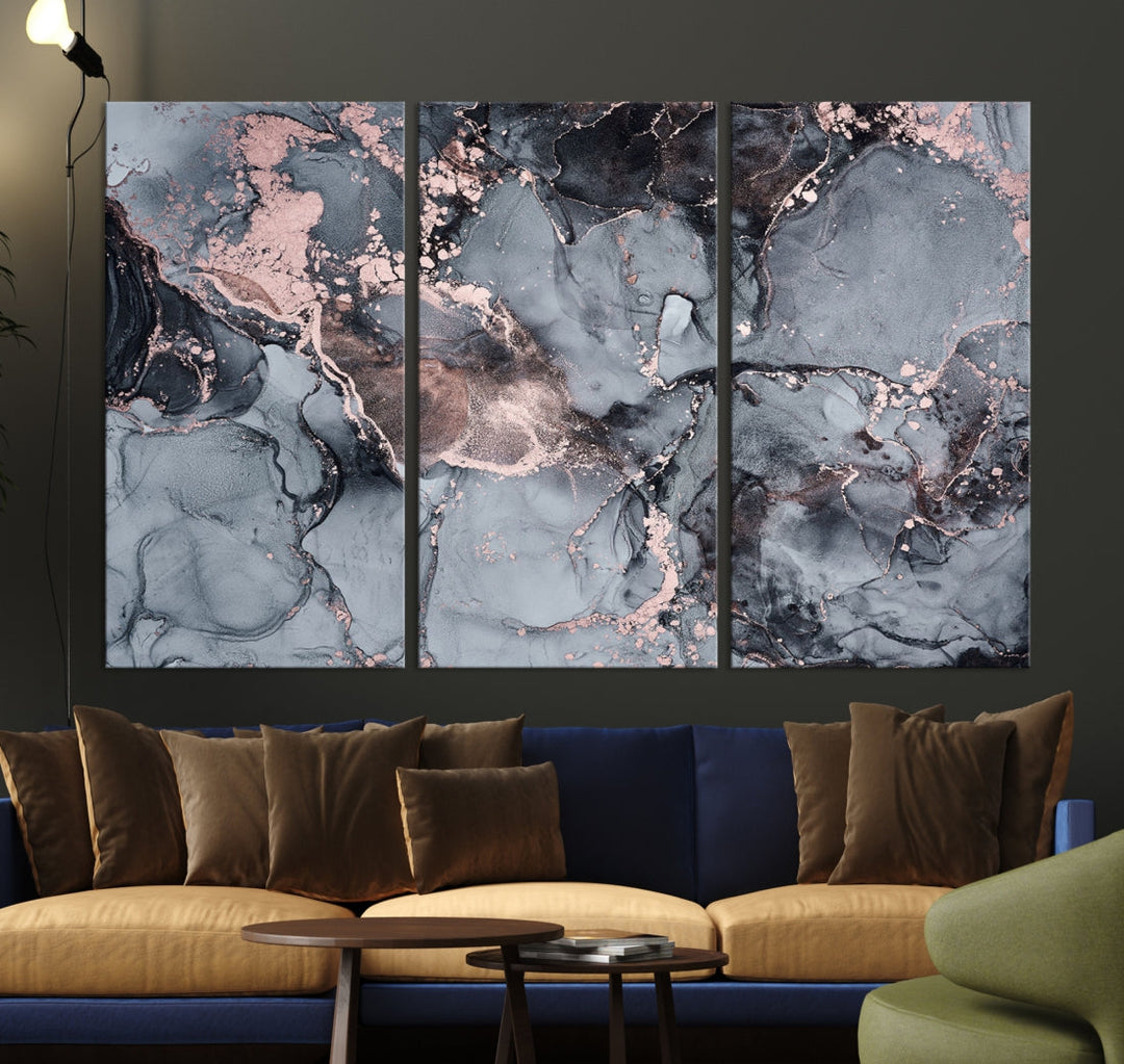 Gray and Rose Gold Marble Abstract Painting on Giclee Canvas Wall Art Print