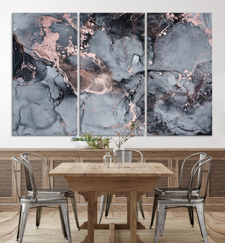 Gray and Rose Gold Marble Abstract Painting on Giclee Canvas Wall Art Print