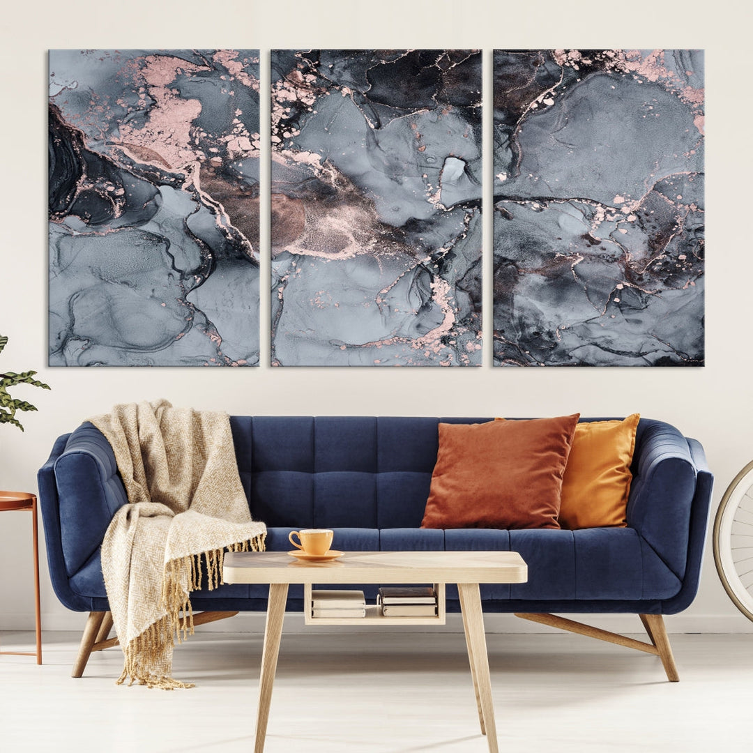 Gray and Rose Gold Marble Abstract Painting on Giclee Canvas Wall Art Print