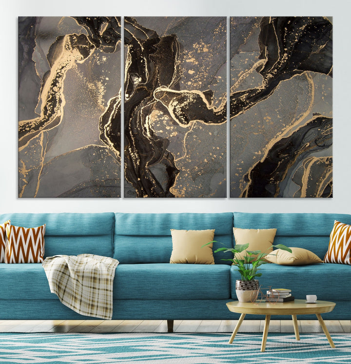 Gray Gold Abstract Painting on Giclee Canvas Wall Art Print