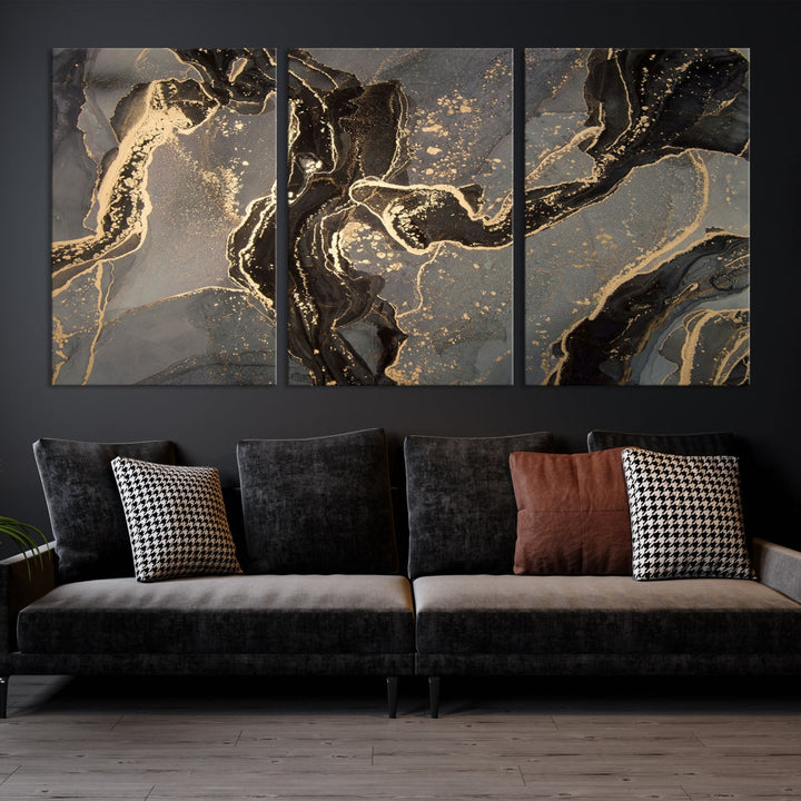 Gray Gold Abstract Painting on Giclee Canvas Wall Art Print