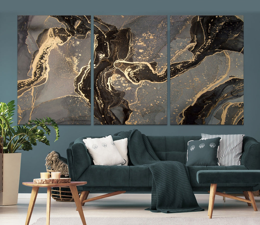 Gray Gold Abstract Painting on Giclee Canvas Wall Art Print