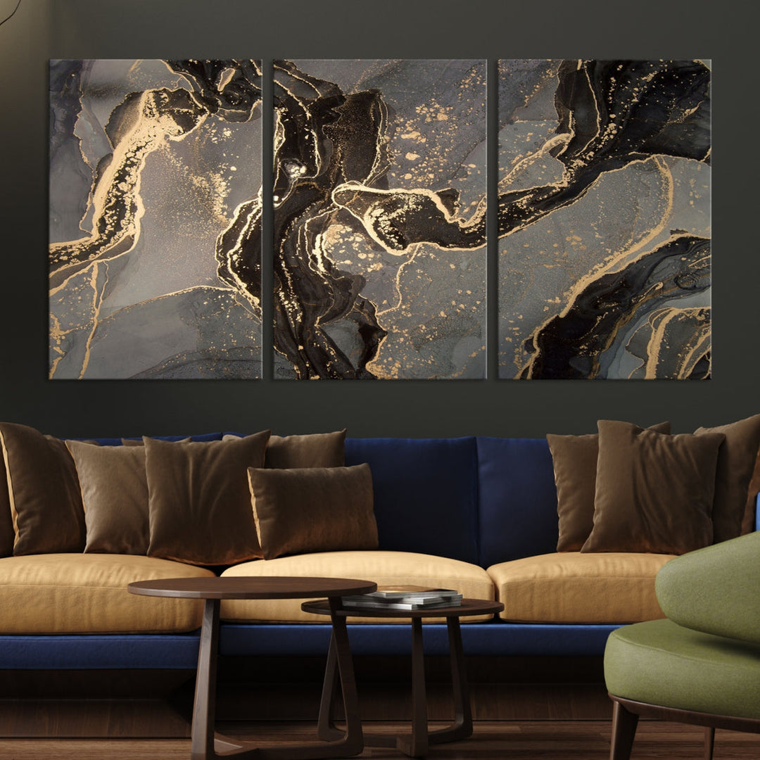 Gray Gold Abstract Painting on Giclee Canvas Wall Art Print