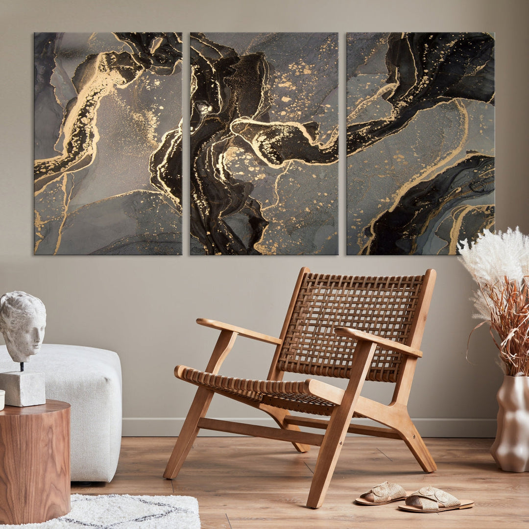 Gray Gold Abstract Painting on Giclee Canvas Wall Art Print