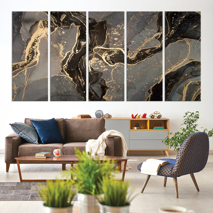 Gray Gold Abstract Painting on Giclee Canvas Wall Art Print