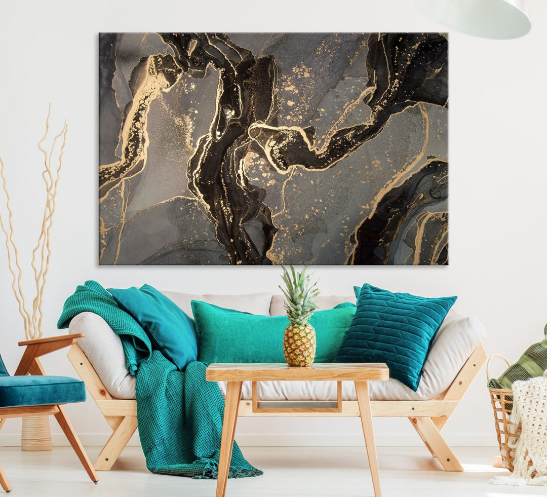 Gray Gold Abstract Painting on Giclee Canvas Wall Art Print