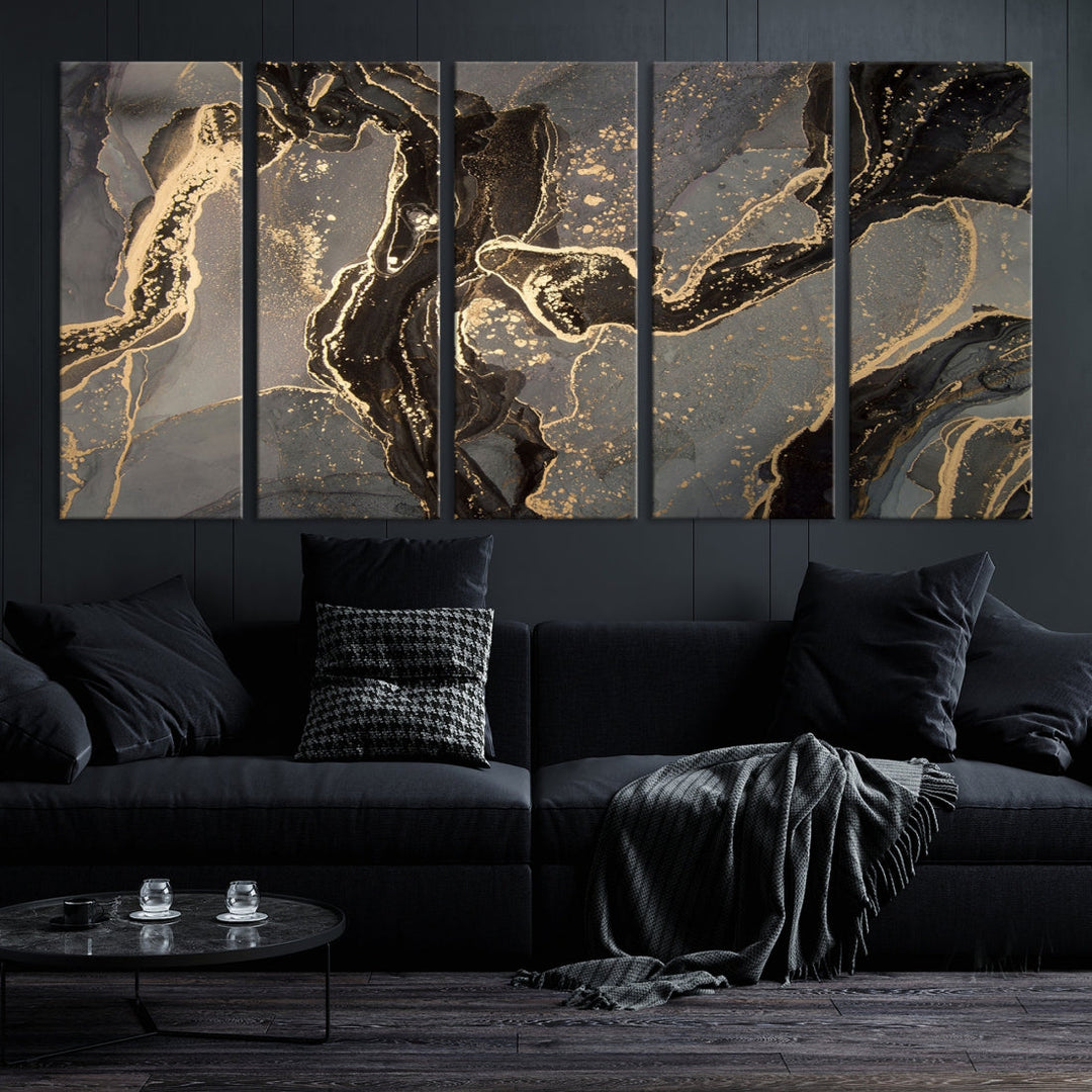 Gray Gold Abstract Painting on Giclee Canvas Wall Art Print