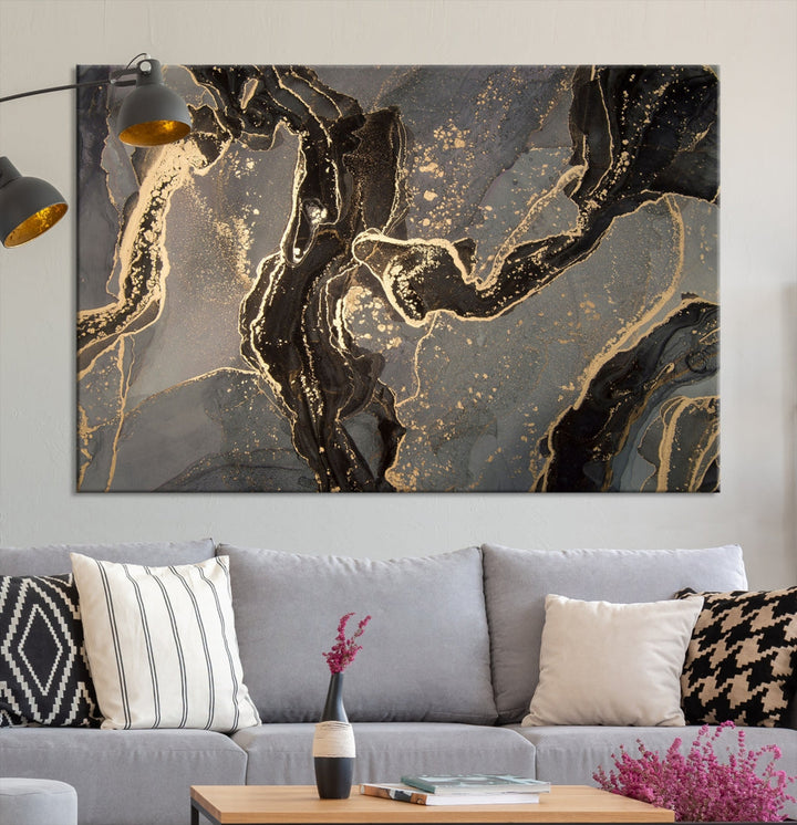 Gray Gold Abstract Painting on Giclee Canvas Wall Art Print