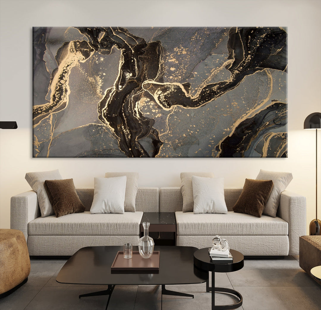 Gray Gold Abstract Painting on Giclee Canvas Wall Art Print