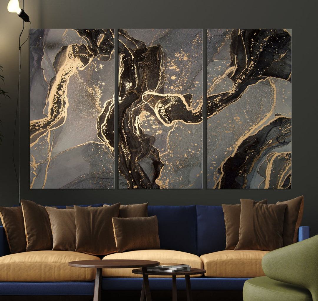 Gray Gold Abstract Painting on Giclee Canvas Wall Art Print