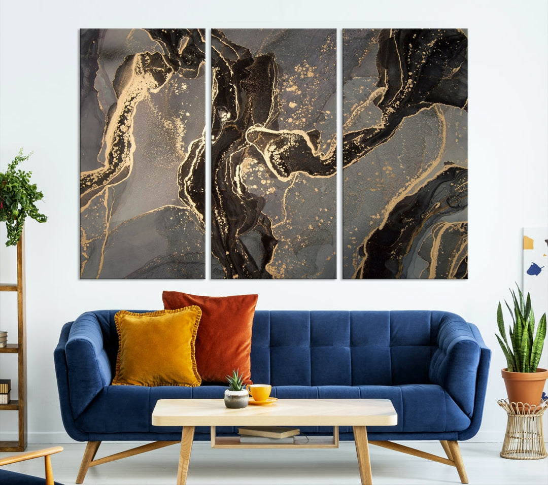 Gray Gold Abstract Painting on Giclee Canvas Wall Art Print