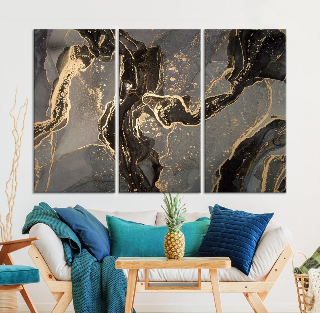 Gray Gold Abstract Painting on Giclee Canvas Wall Art Print