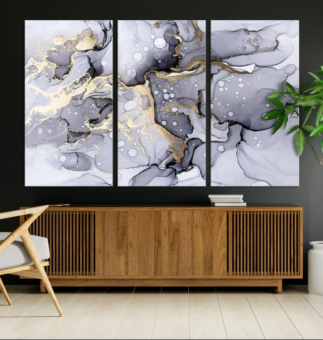 Gray Gold Abstract Painting on Giclee Canvas Wall Art Print Framed