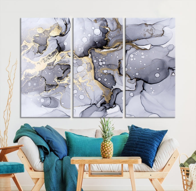 Gray Gold Abstract Painting on Giclee Canvas Wall Art Print Framed