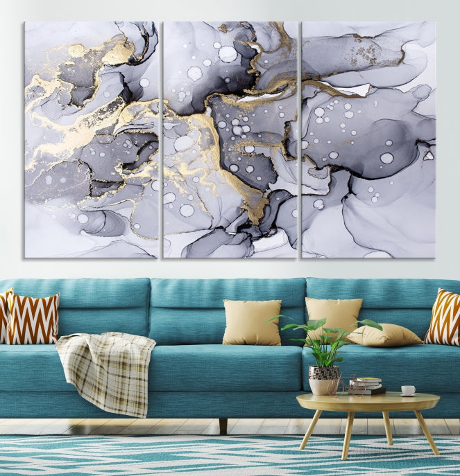 Gray Gold Abstract Painting on Giclee Canvas Wall Art Print Framed