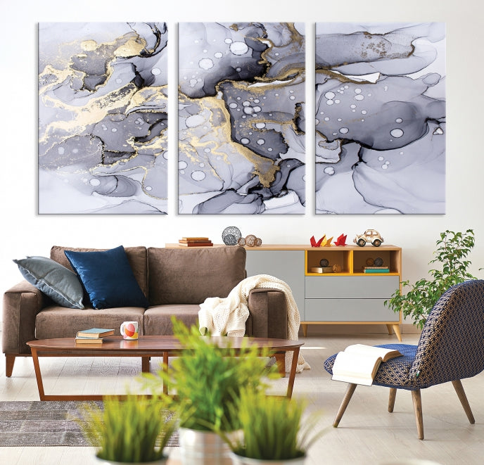 Gray Gold Abstract Painting on Giclee Canvas Wall Art Print Framed