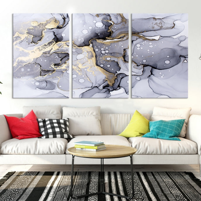 Gray Gold Abstract Painting on Giclee Canvas Wall Art Print Framed