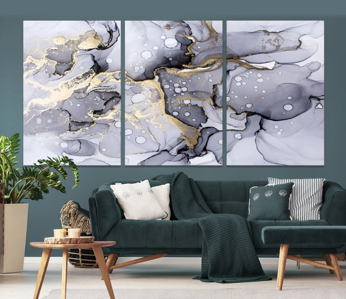 Gray Gold Abstract Painting on Giclee Canvas Wall Art Print Framed