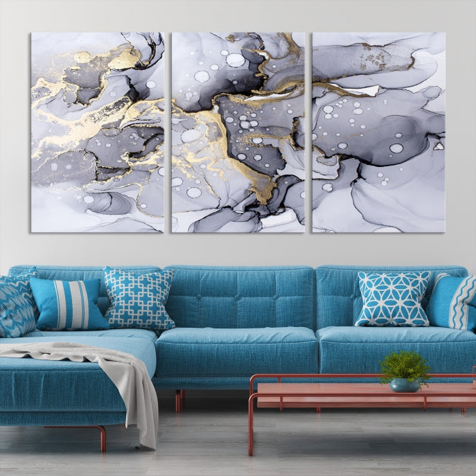 Gray Gold Abstract Painting on Giclee Canvas Wall Art Print Framed