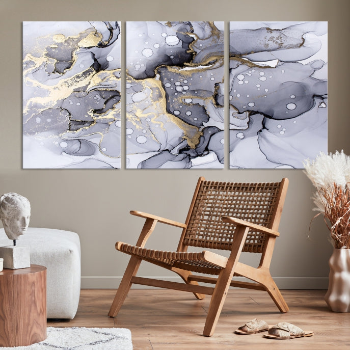 Gray Gold Abstract Painting on Giclee Canvas Wall Art Print Framed