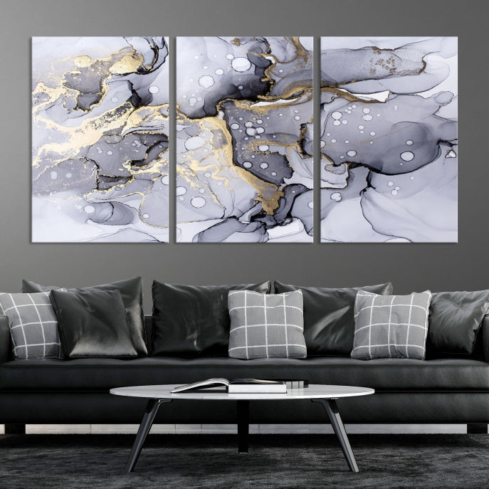 Gray Gold Abstract Painting on Giclee Canvas Wall Art Print Framed