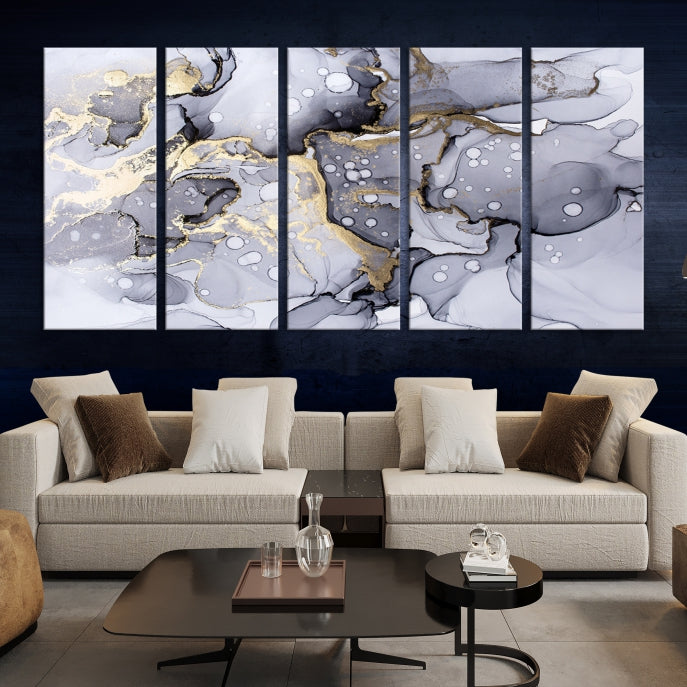 Gray Gold Abstract Painting on Giclee Canvas Wall Art Print Framed