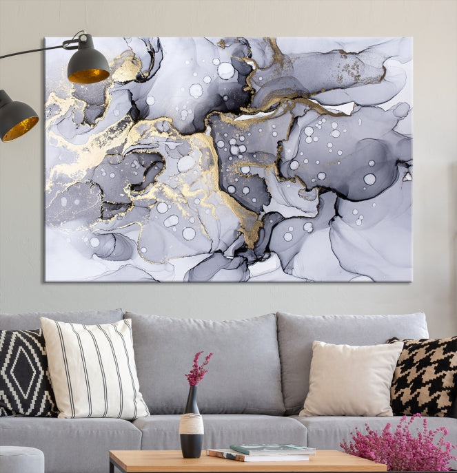 Gray Gold Abstract Painting on Giclee Canvas Wall Art Print Framed