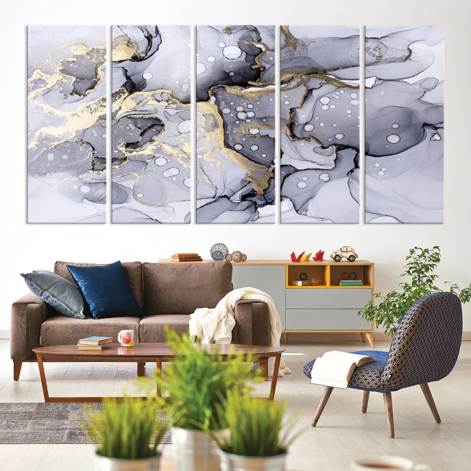 Gray Gold Abstract Painting on Giclee Canvas Wall Art Print Framed