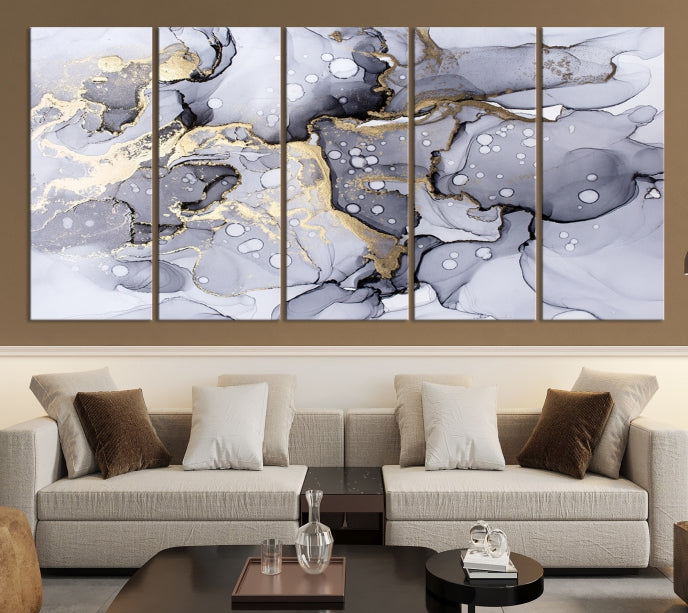 Gray Gold Abstract Painting on Giclee Canvas Wall Art Print Framed