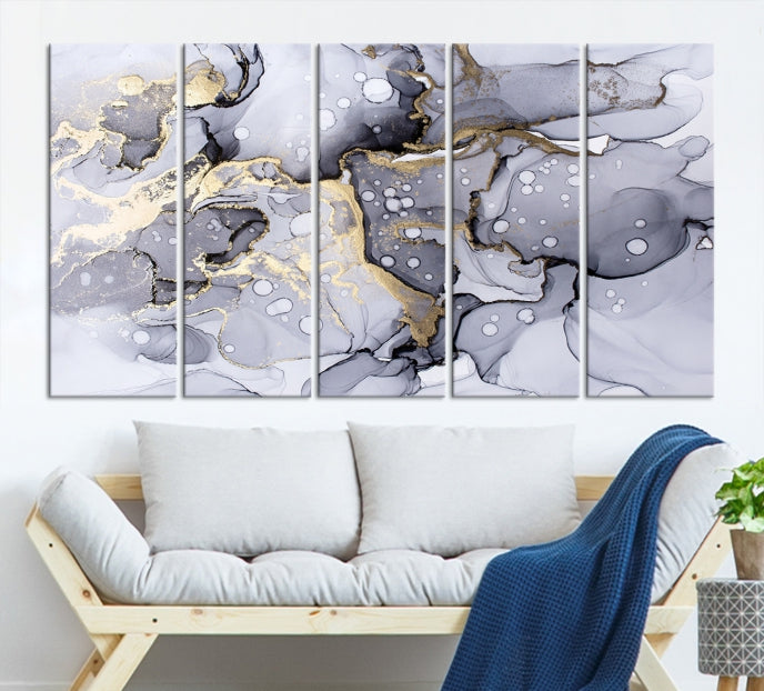 Gray Gold Abstract Painting on Giclee Canvas Wall Art Print Framed