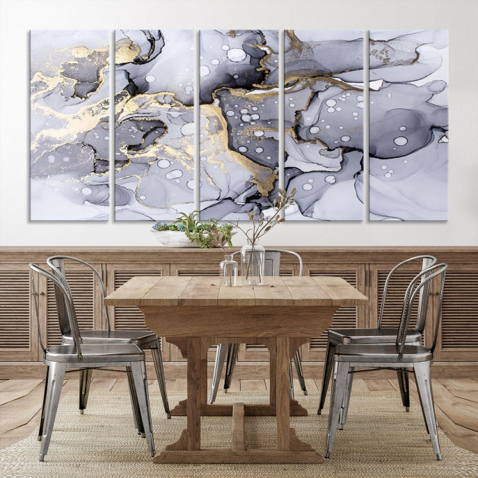 Gray Gold Abstract Painting on Giclee Canvas Wall Art Print Framed