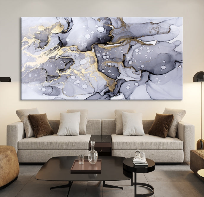 Gray Gold Abstract Painting on Giclee Canvas Wall Art Print Framed