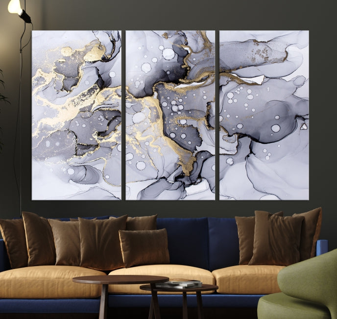 Gray Gold Abstract Painting on Giclee Canvas Wall Art Print Framed