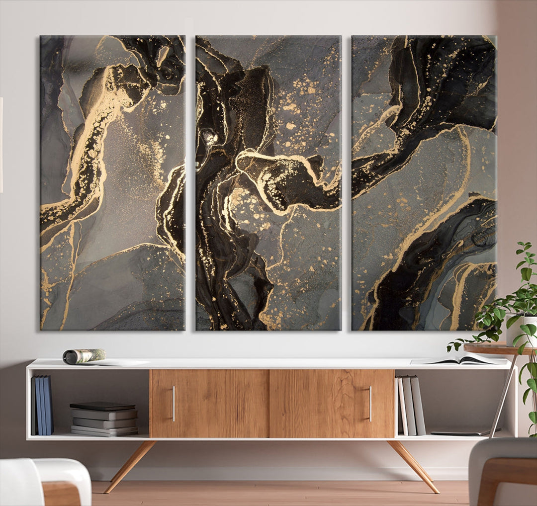 Gray Gold Abstract Painting on Giclee Canvas Wall Art Print