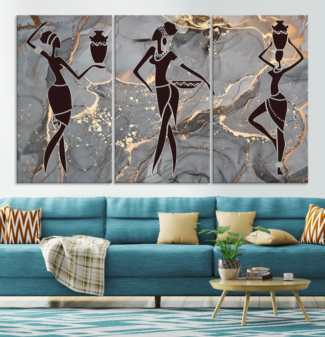 Gray Gold African Women Canvas Art Print Framed Ready to Hang