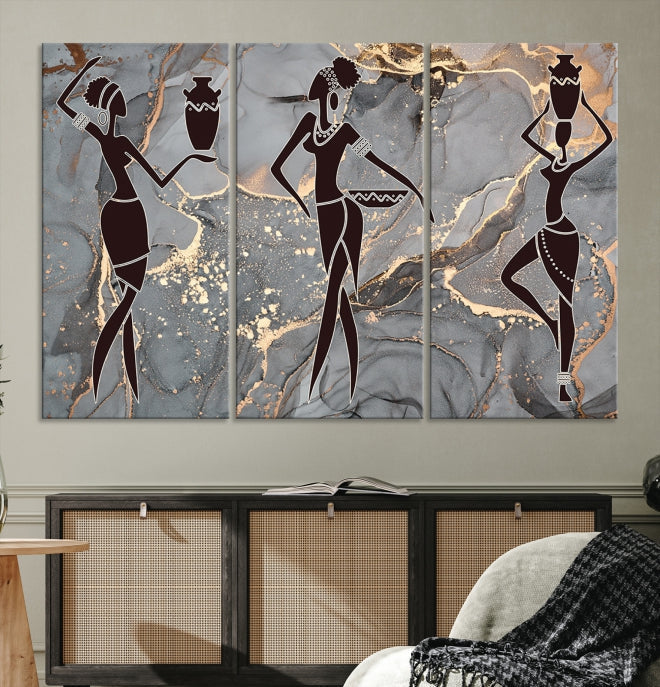 Gray Gold African Women Canvas Art Print Framed Ready to Hang