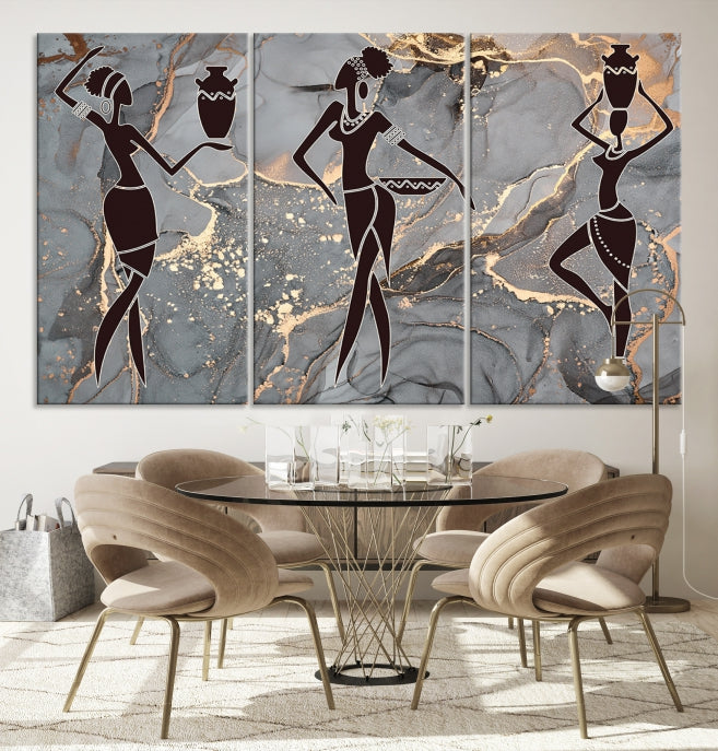 Gray Gold African Women Canvas Art Print Framed Ready to Hang