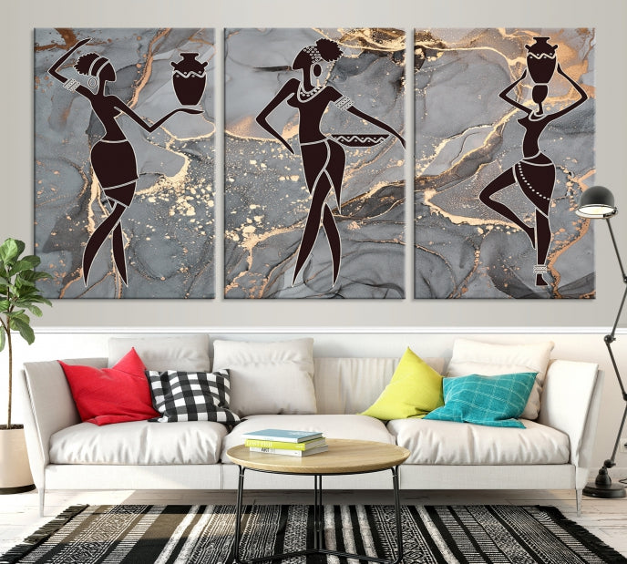 Gray Gold African Women Canvas Art Print Framed Ready to Hang