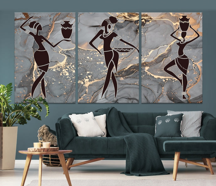 Gray Gold African Women Canvas Art Print Framed Ready to Hang