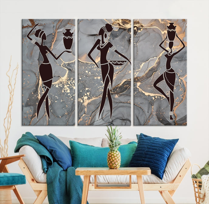 Gray Gold African Women Canvas Art Print Framed Ready to Hang