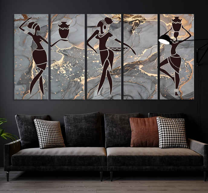 Gray Gold African Women Canvas Art Print Framed Ready to Hang