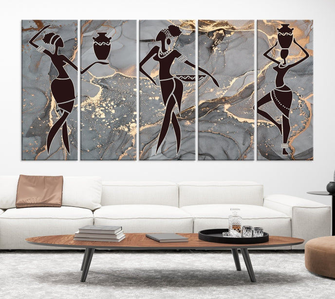 Gray Gold African Women Canvas Art Print Framed Ready to Hang