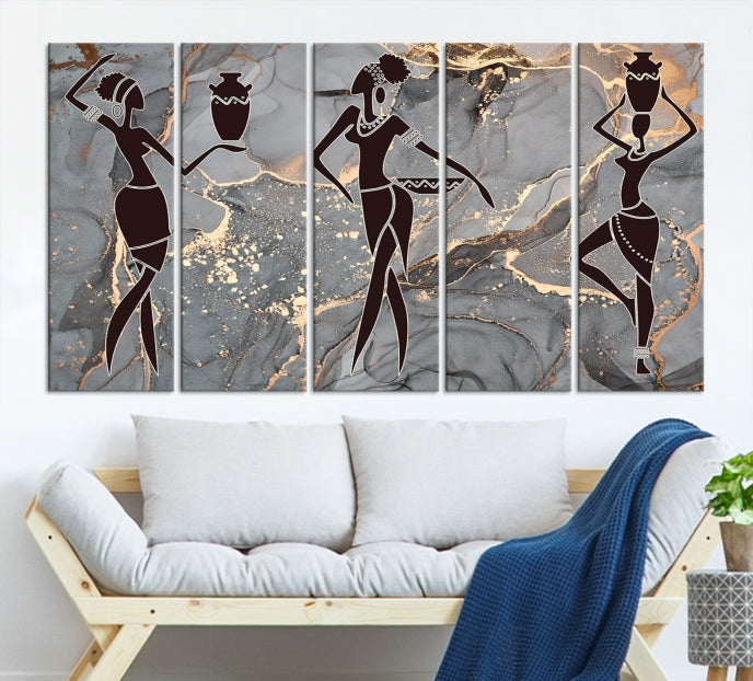 Gray Gold African Women Canvas Art Print Framed Ready to Hang