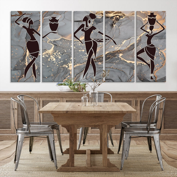 Gray Gold African Women Canvas Art Print Framed Ready to Hang